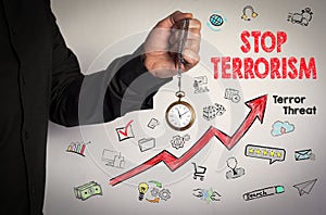 Stop terrorism concept. Red Arrow and Icons Around. Man holding chain clock on white background