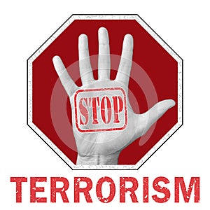 Stop terrorism conceptual illustration. Open hand with the text stop terrorism