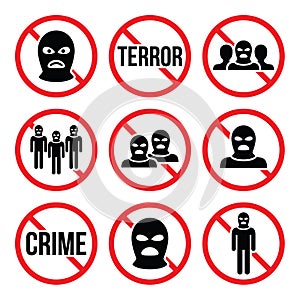 Stop terrorism, no crime, no terrorist group warning signs