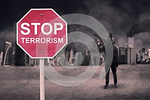 Stop Terrorism text with male terrorist