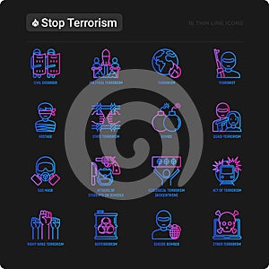 Stop terrorism thin line icons set: terrorist, civil disorder, national army, hostage, bombs, cyber attacks, suicide, bomber,