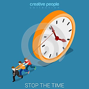 Stop time hard overtime work clock flat isometric vector 3d