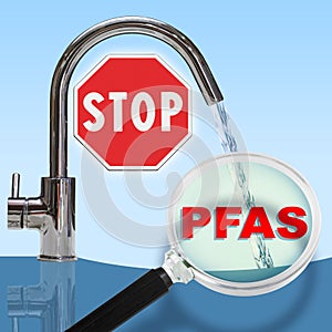 STOP to PFAS Contamination of Drinking Water - Concept with magnifying glass and faucet - Alertness about dangerous PFAS