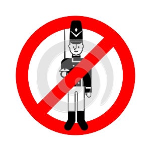 Stop Toy soldier. Forbidden red road sign Guardsman plaything.