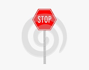 Stop traffic sign with metal pillar. Isolated on white. Clipping path. 3D Rendering.