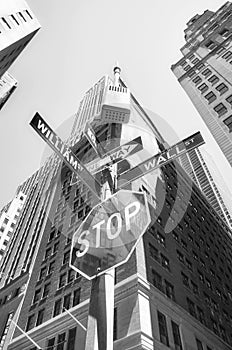 Stop traffic sign with William and Wall Street signs on a post, New York City, USA