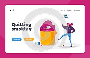 Stop Unhealthy Habit, Smoking Addiction Landing Page Template. Tiny Female Character Breaking Huge Cigarette