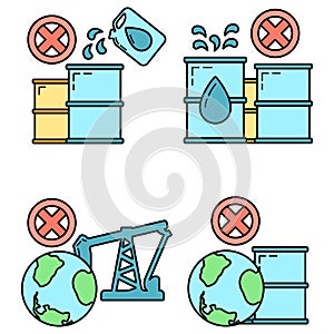 Stop use barrel oil industry, world oil pollution by petroleum concept icon, green eco earth cartoon flat vector illustration,