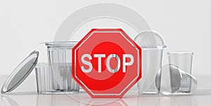 Stop using plastic. Stop sign on a plastic dishes. 3D Illustration