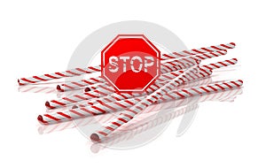 Stop using plastic. Stop sign on a plastic straws. 3D Illustration