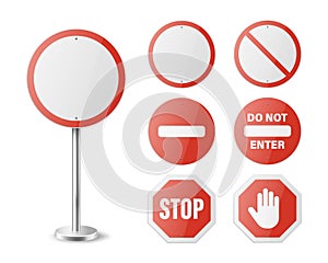 Stop. Vector White and Red Round Glossy Prohibition Stop Sign Icon Set - Warning, Danger Sign Frame Icon Closeup