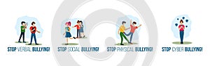 Stop verbal social physical cyber bullying set photo