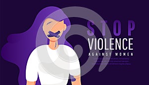 Stop violence against women. Sad lonely girl with mouth in adhesive tape restrained