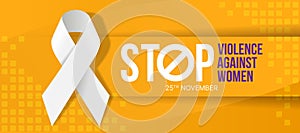 Stop Violence Against Women text and white awareness ribbon on yellow texture background vector design