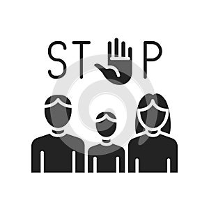 Stop violence black glyph line icon. Protection of victims of bullying concept. Sign for web page, mobile app, button, logo