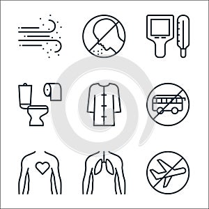 stop virus line icons. linear set. quality vector line set such as air, human lungs, heart, bus, bathrobe, diarrhea, thermal,