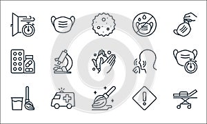 Stop virus line icons. linear set. quality vector line set such as bed, mop, broom, emergency, drugs, nose, mask, medical mask