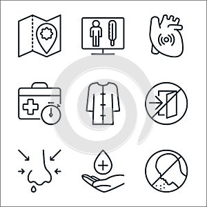 stop virus line icons. linear set. quality vector line set such as sneeze, hand, runny nose, exit, bathrobe, suitcase, pain,