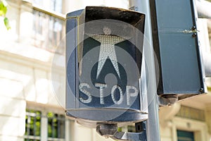 Stop walk traffic sign light pedestrian crossing in city center