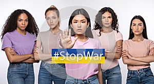 Stop War. Angry Multiethnic Ladies Gesturing Stop Sign