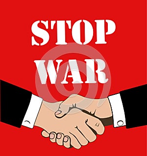 Stop war baner illustration with handshake hands on red color background