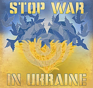 Stop War in Ukraine. Heart card. Pigeons soar over the wheat, vector