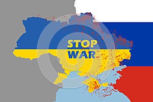 Stop war in Ukraine. Text stop war with Ukraine country colored in blue yellow flag. International protest,