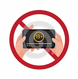 Stop watch porn campaign sign icon, mature video warning symbol with hand and smartphone cartoon flat illustration vector