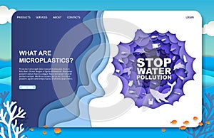 Stop water pollution landing page design, website banner vector template. Harmful impact of microplastic on ocean life.