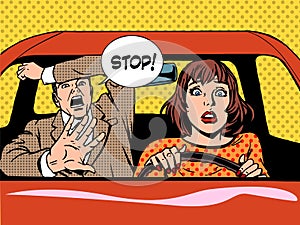 Stop woman driver driving school panic calm