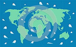 Stop world ocean pollution. Earth map with plastic bottles floating in polluted water. Vector concept