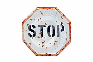 Stop written in bold letters in a rusty and grungy white and red old road traffic sign