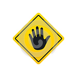 Stop yellow hand sign for prohibited activities. Vector illustration isolated on white background.
