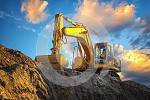 A stopping yellow excavator at an incredibly sunset