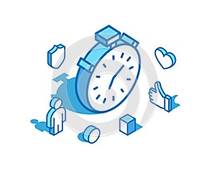 Stopwatch blue line isometric illustration. Timer, clock 3D banner template.