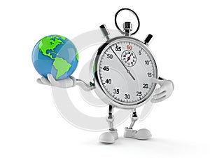 Stopwatch character holding world globe