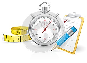 Stopwatch with clipboard and tape measure