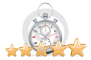 Stopwatch with five golden stars. 3D rendering