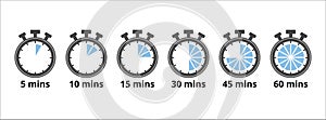 stopwatch five minutes repeat multiple timing icon. Vector illustration. 45 minutes. 60 minutes