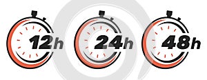 Stopwatch icon. Clock with dial and numerals of 12, 24, 48 hours. Chromometer face. Minutes counting for measurement. Timepiece