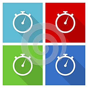 Stopwatch icon set, flat design vector illustration in eps 10 for webdesign and mobile applications in four color options