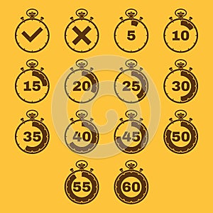 The stopwatch icon, set of 14 icons. Clock and watch, timer, countdown, stopwatch symbol. UI. Web. Logo. Sign. Flat