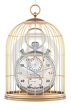 Stopwatch inside bird cage, 3D rendering