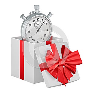 Stopwatch inside gift box, gift concept. 3D rendering