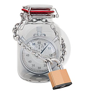 Stopwatch inside glass jar with chain and padlock. 3D rendering
