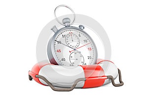 Stopwatch inside lifebuoy, save time concept. 3D rendering