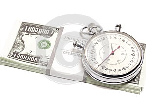 Stopwatch with one million dollar bills. Time is money concept