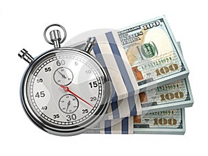 Stopwatch with packs of dollar isolated on white. Fast credit, financial and investments, time is money concept