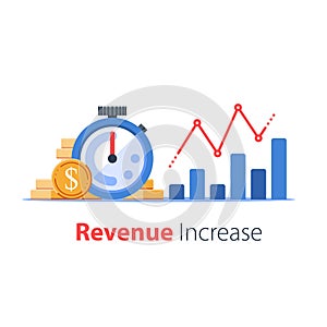 Stopwatch and portfolio performance graph, revenue increase chart, business growth, return on investment