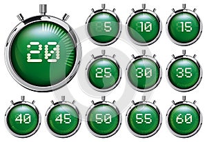 Stopwatch. Set of green digital timers